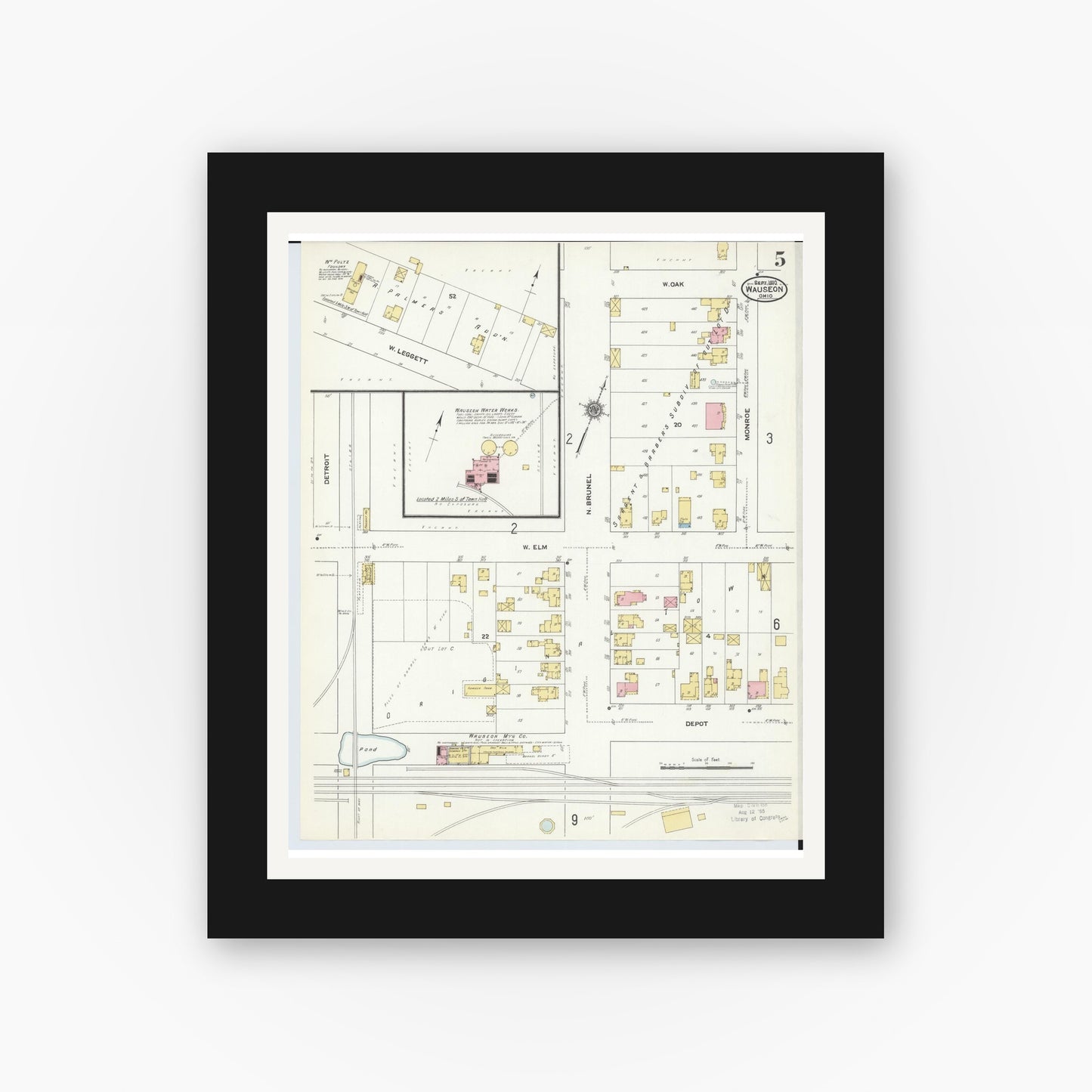 Old map wall art mockup — black gallery frame with white mat — Sanborn Fire Insurance Map from Wauseon, Fulton County, Ohio (1910), Sheet #0005