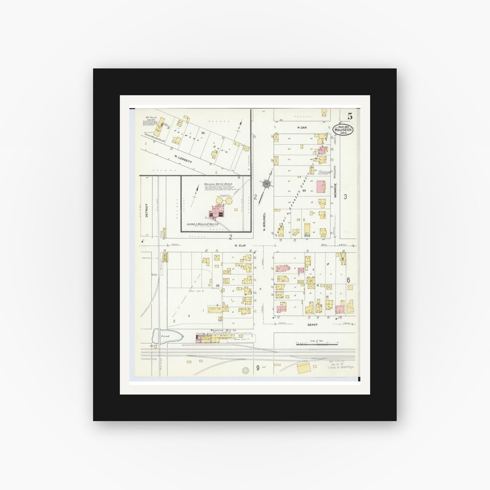 Old map wall art mockup — black gallery frame with white mat — Sanborn Fire Insurance Map from Wauseon, Fulton County, Ohio (1910), Sheet #0005
