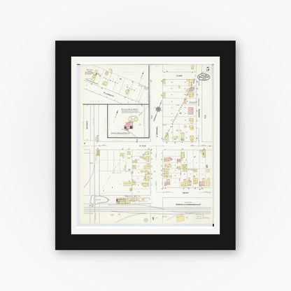 Old map wall art mockup — black gallery frame with white mat — Sanborn Fire Insurance Map from Wauseon, Fulton County, Ohio (1910), Sheet #0005