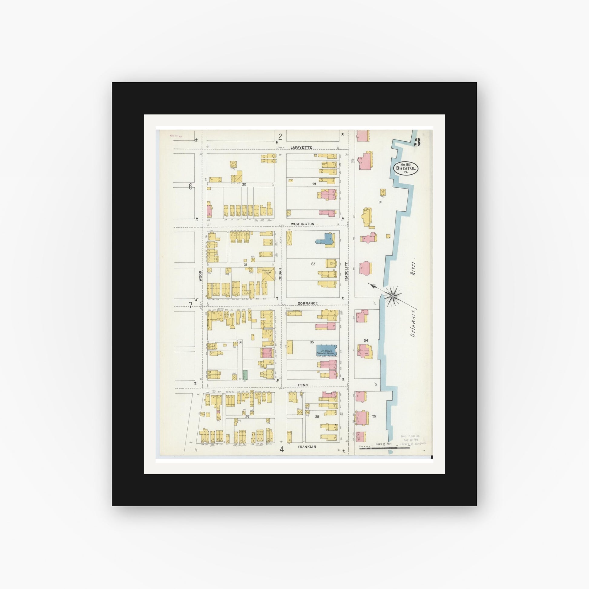Old map wall art mockup — black gallery frame with white mat — Sanborn Fire Insurance Map from Bristol, Bucks County, Pennsylvania (1903), Sheet #0003