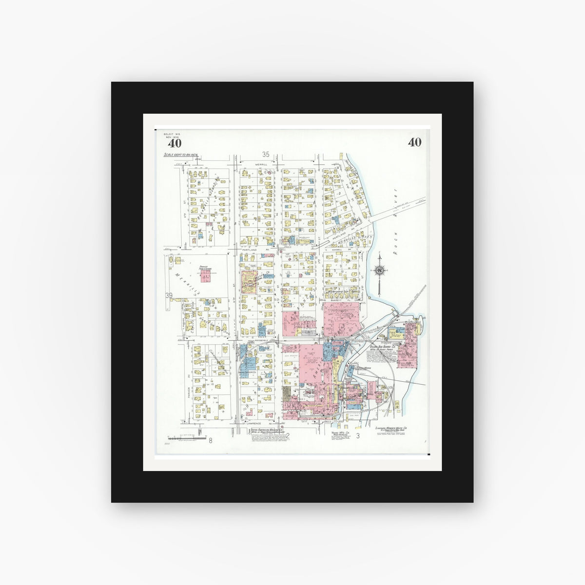 Old map wall art mockup — black gallery frame with white mat — Sanborn Fire Insurance Map from Beloit, Rock County, Wisconsin (1939), Sheet #0040