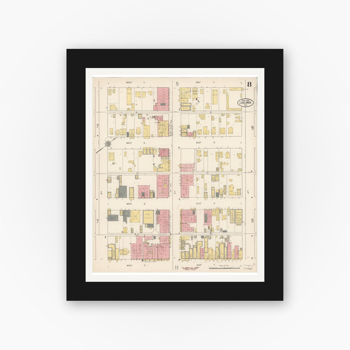 Old map wall art mockup — black gallery frame with white mat — Sanborn Fire Insurance Map from Coalinga, Fresno County, California (1910), Sheet #0008