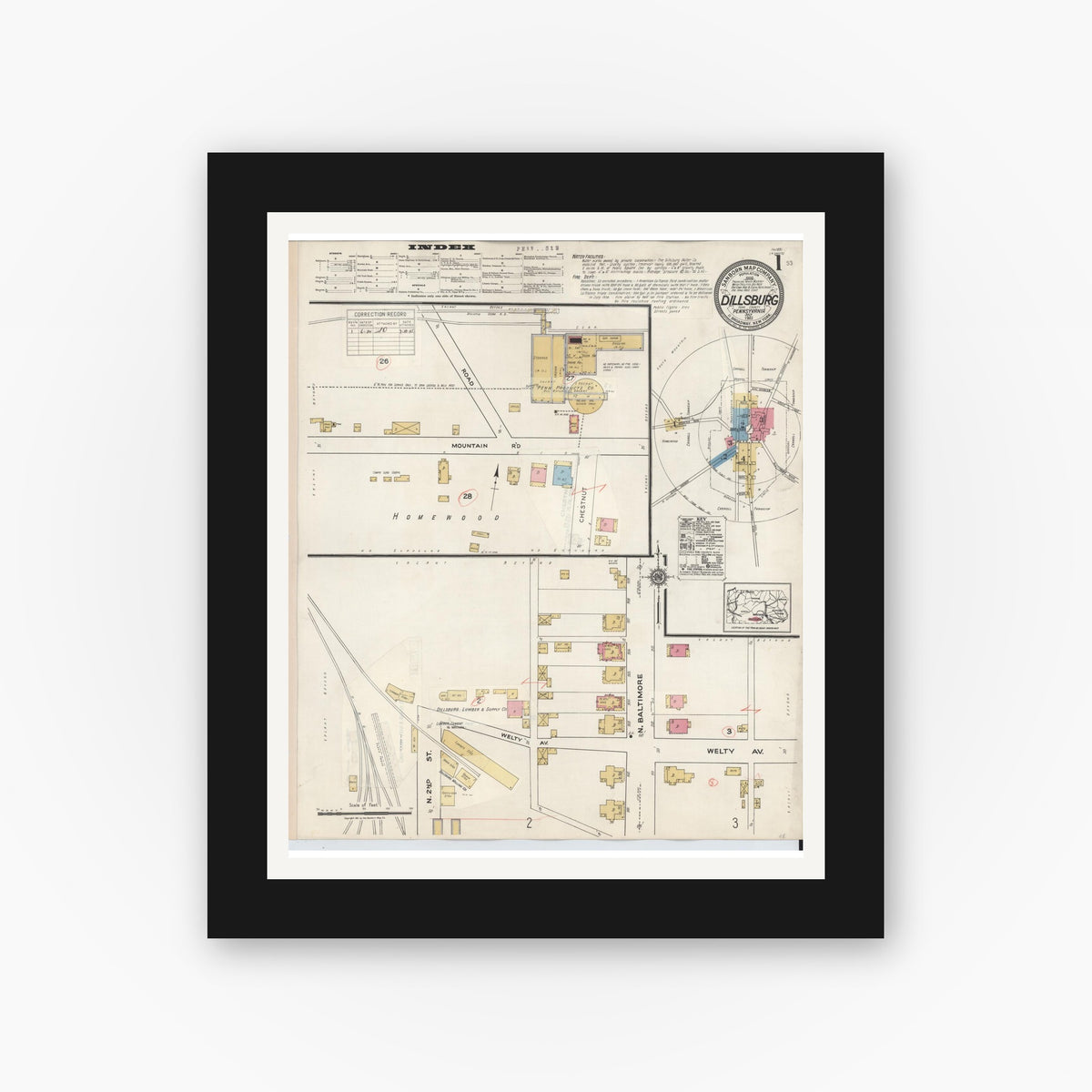 Old map wall art mockup — black gallery frame with white mat — Sanborn Fire Insurance Map from Dillsburg, York County, Pennsylvania (1934) - Complete Map Set