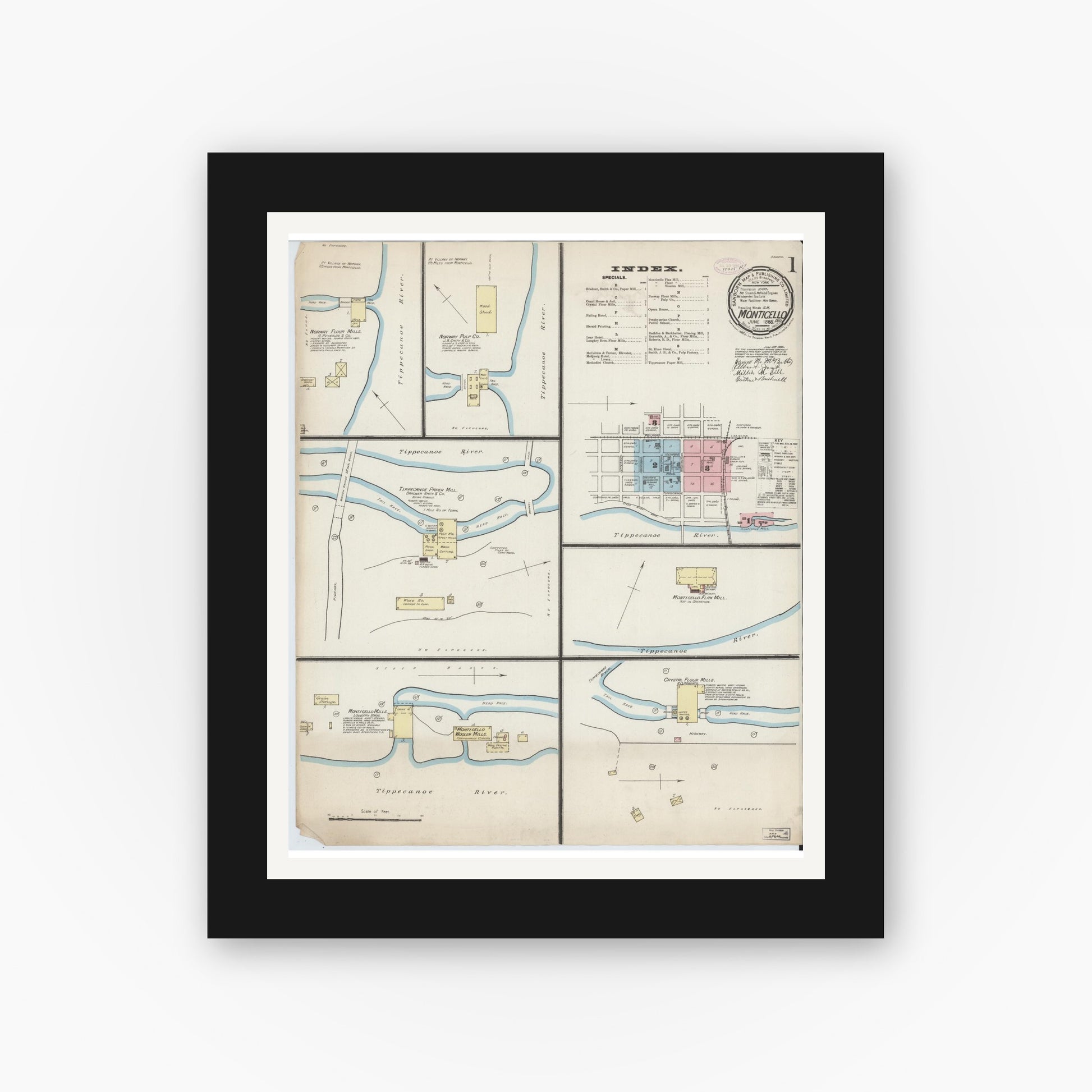 Old map wall art mockup — black gallery frame with white mat — Sanborn Fire Insurance Map from Monticello, White County, Indiana (1886) - Complete Map Set