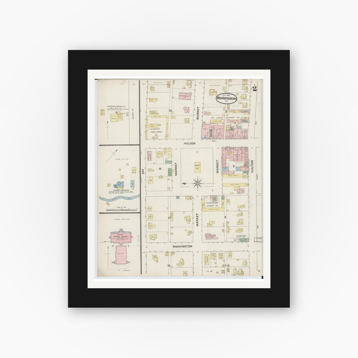 Old map wall art mockup — black gallery frame with white mat — Sanborn Fire Insurance Map from Warrensburg, Johnson County, Missouri (1888), Sheet #0002