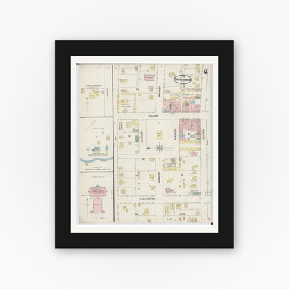 Old map wall art mockup — black gallery frame with white mat — Sanborn Fire Insurance Map from Warrensburg, Johnson County, Missouri (1888), Sheet #0002