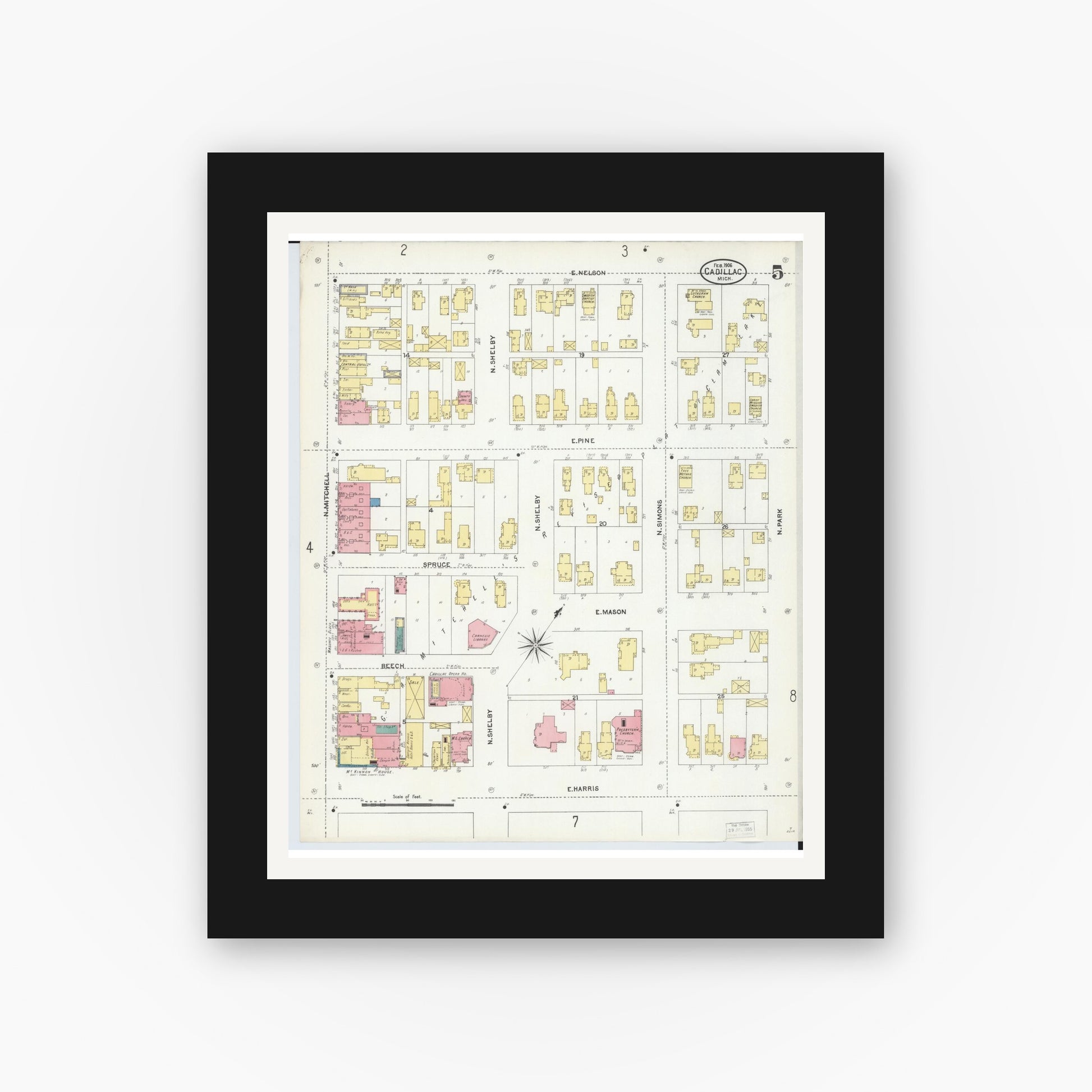 Old map wall art mockup — black gallery frame with white mat — Sanborn Fire Insurance Map from Cadillac, Wexford County, Michigan (1906), Sheet #0005