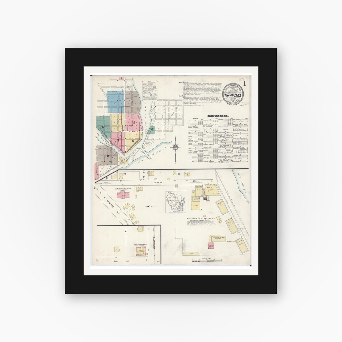 Old map wall art mockup — black gallery frame with white mat — Sanborn Fire Insurance Map from Two Rivers, Manitowoc County, Wisconsin (1913) - Complete Map Set