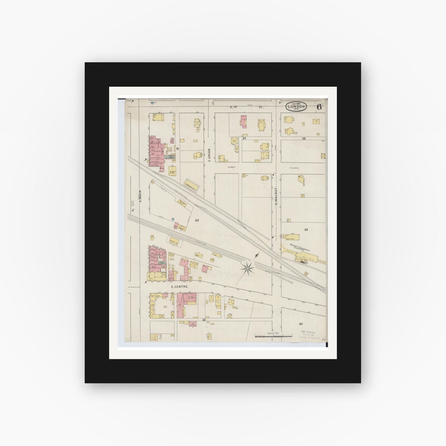 Old map wall art mockup — black gallery frame with white mat — Sanborn Fire Insurance Map from London, Madison County, Ohio (1895), Sheet #0006