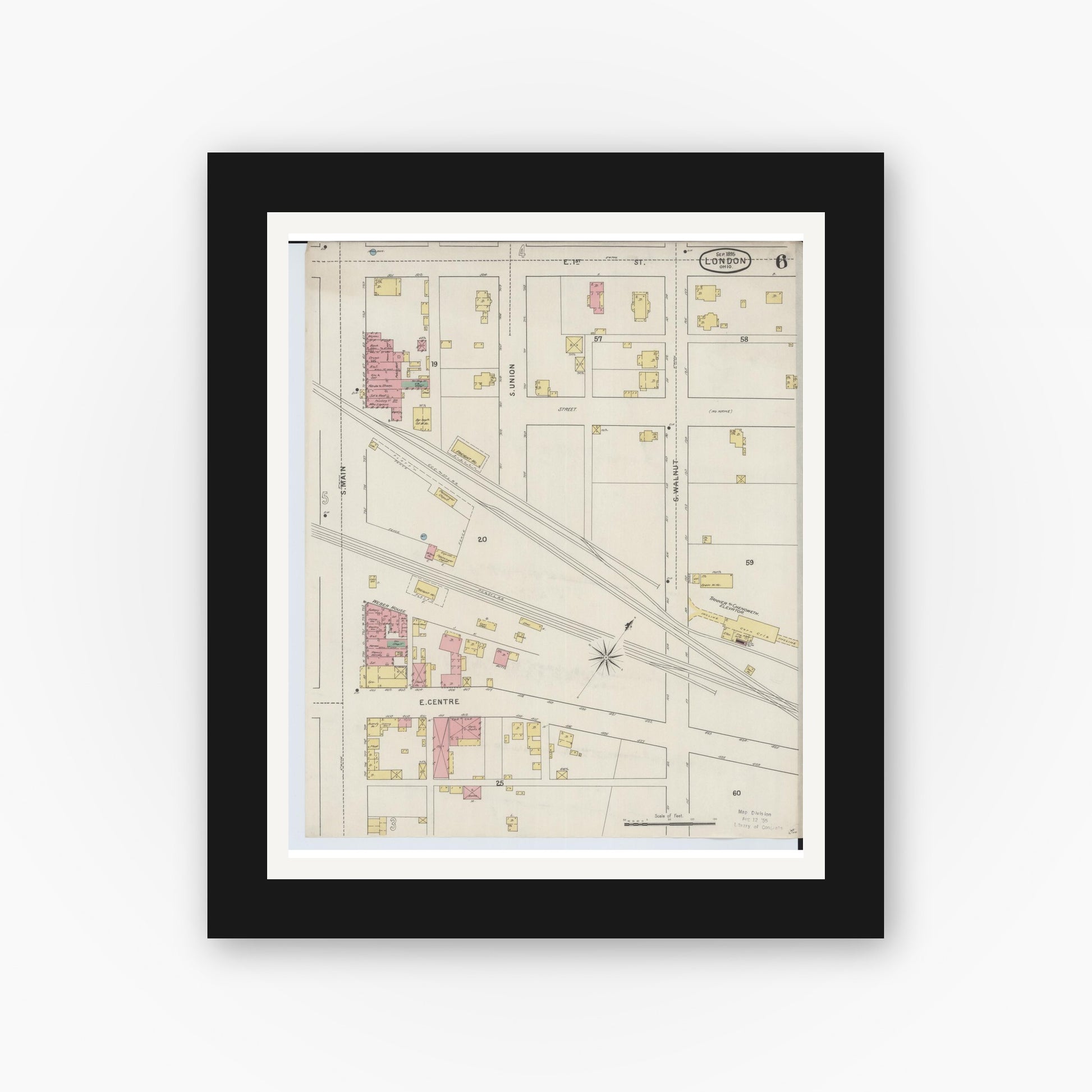 Old map wall art mockup — black gallery frame with white mat — Sanborn Fire Insurance Map from London, Madison County, Ohio (1895), Sheet #0006