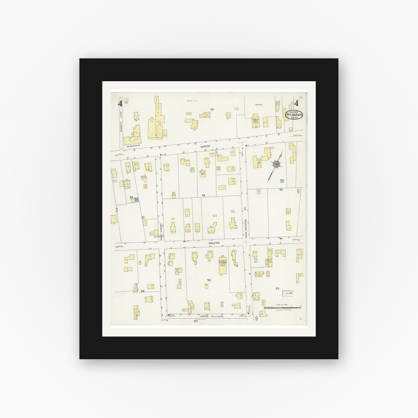 Old map wall art mockup — black gallery frame with white mat — Sanborn Fire Insurance Map from Hyannis, Barnstable County, Massachusetts (1924), Sheet #0004