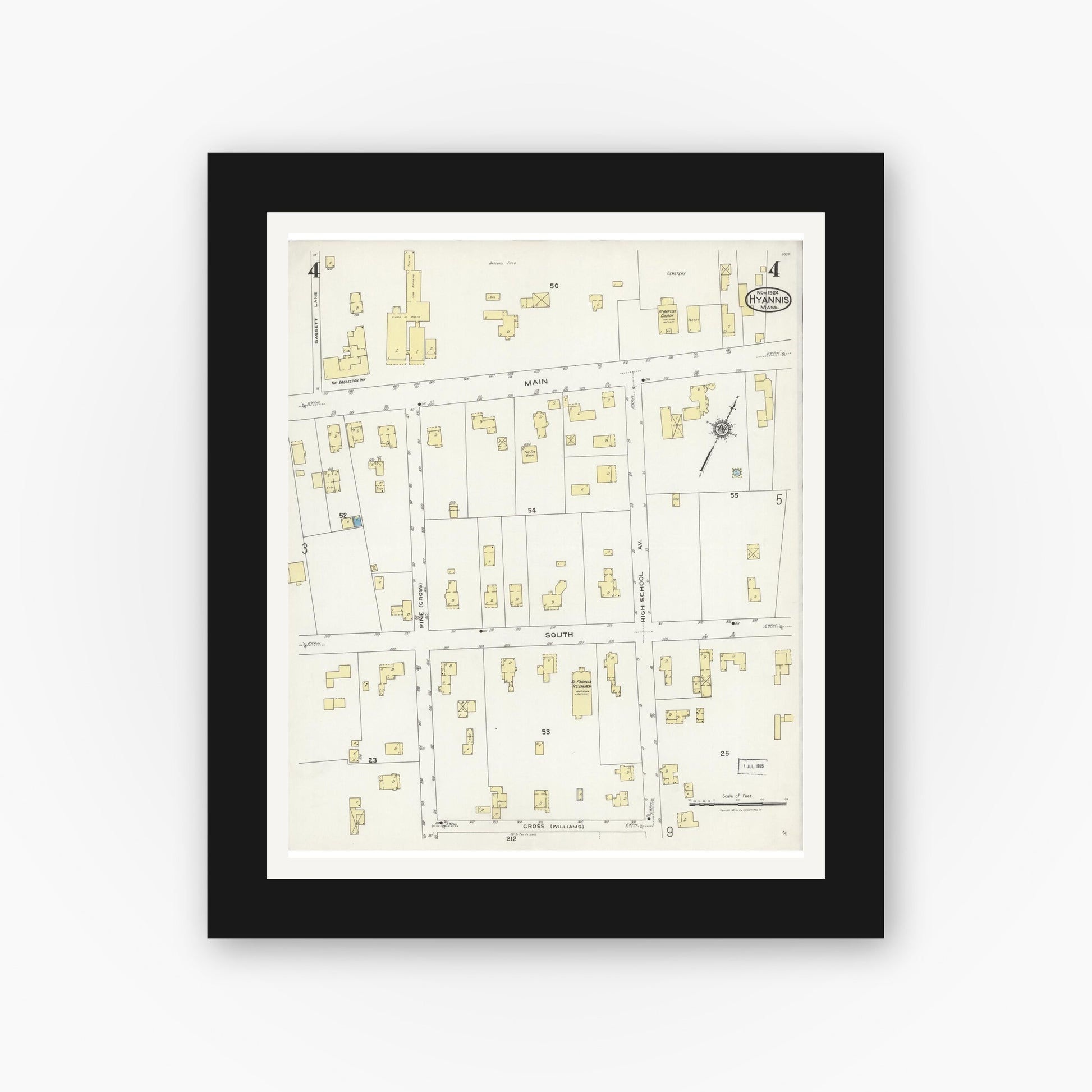 Old map wall art mockup — black gallery frame with white mat — Sanborn Fire Insurance Map from Hyannis, Barnstable County, Massachusetts (1924), Sheet #0004