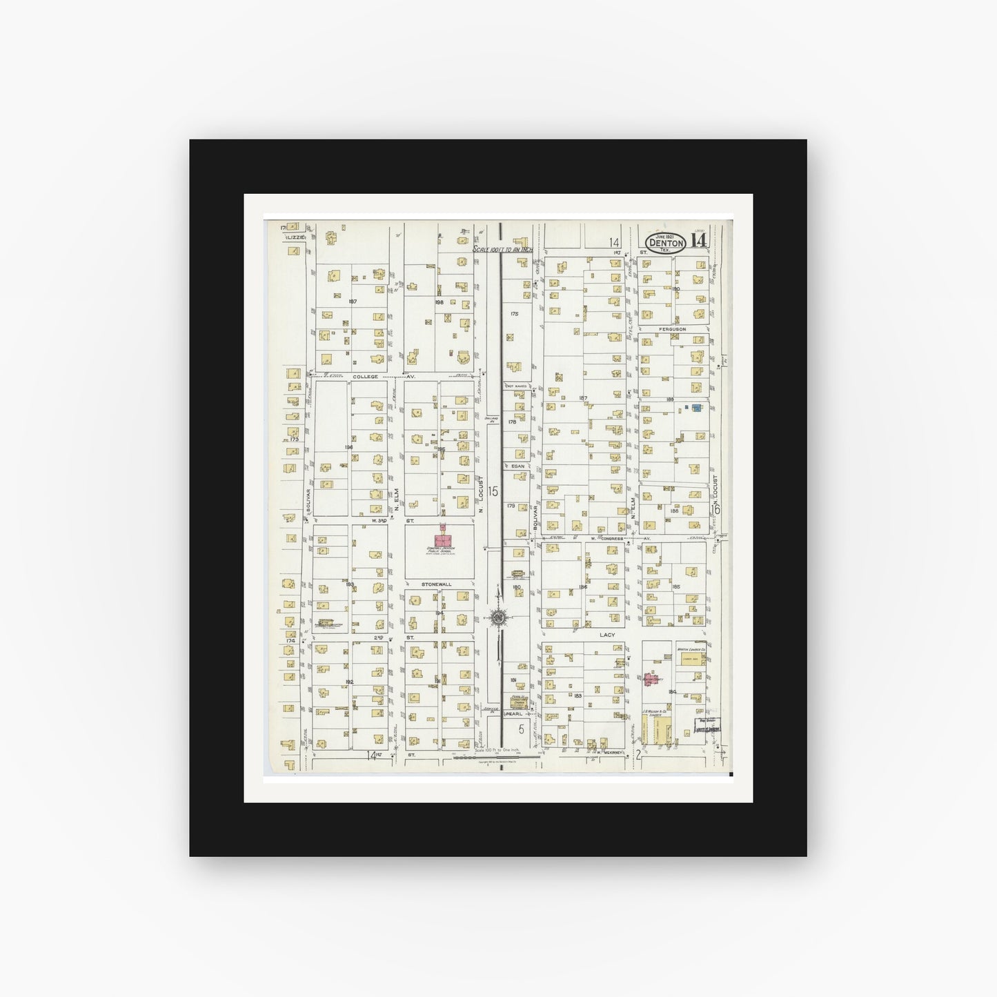 Old map wall art mockup — black gallery frame with white mat — Sanborn Fire Insurance Map from Denton, Denton County, Texas (1921), Sheet #0014