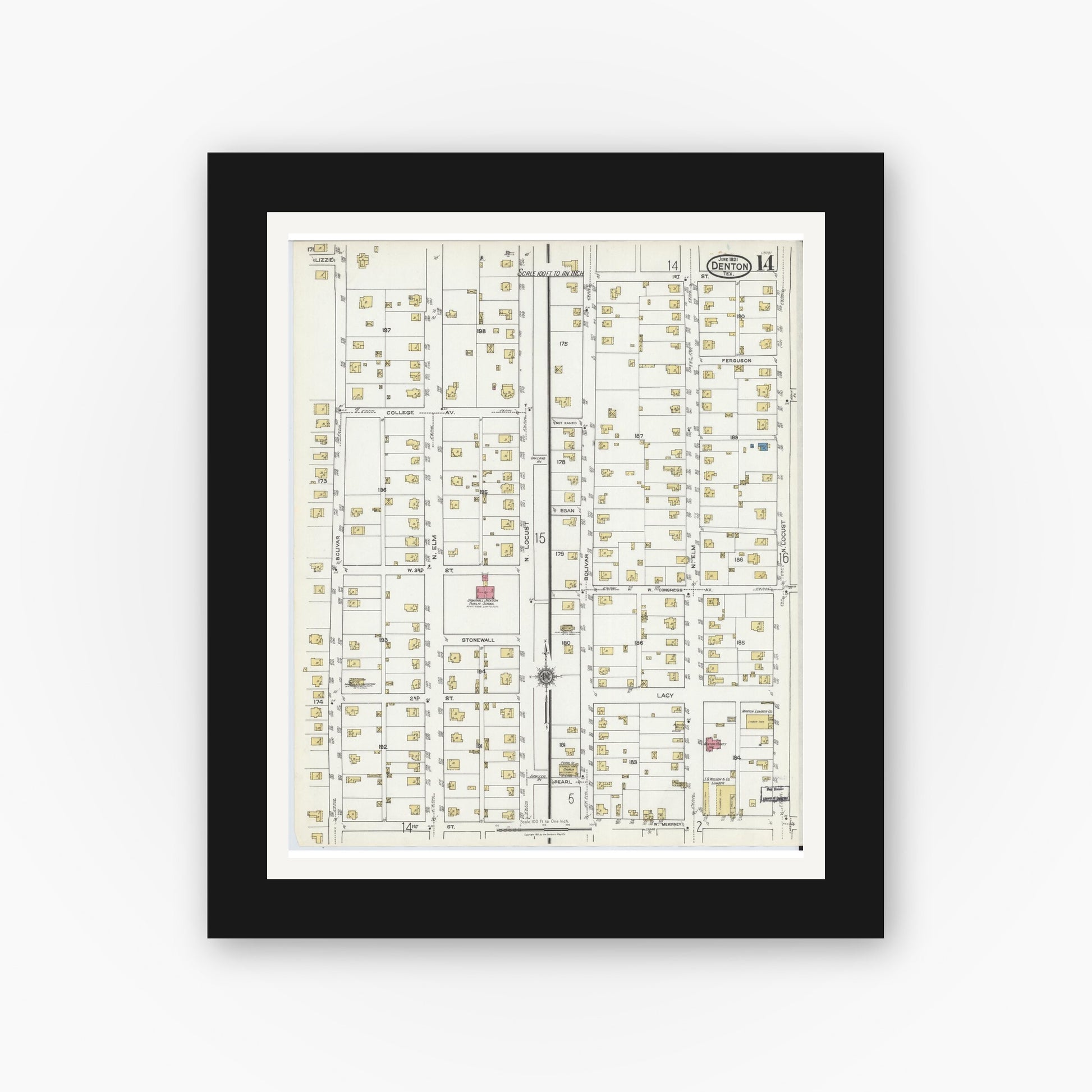 Old map wall art mockup — black gallery frame with white mat — Sanborn Fire Insurance Map from Denton, Denton County, Texas (1921), Sheet #0014