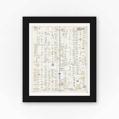 Old map wall art mockup — black gallery frame with white mat — Sanborn Fire Insurance Map from Denton, Denton County, Texas (1921), Sheet #0014