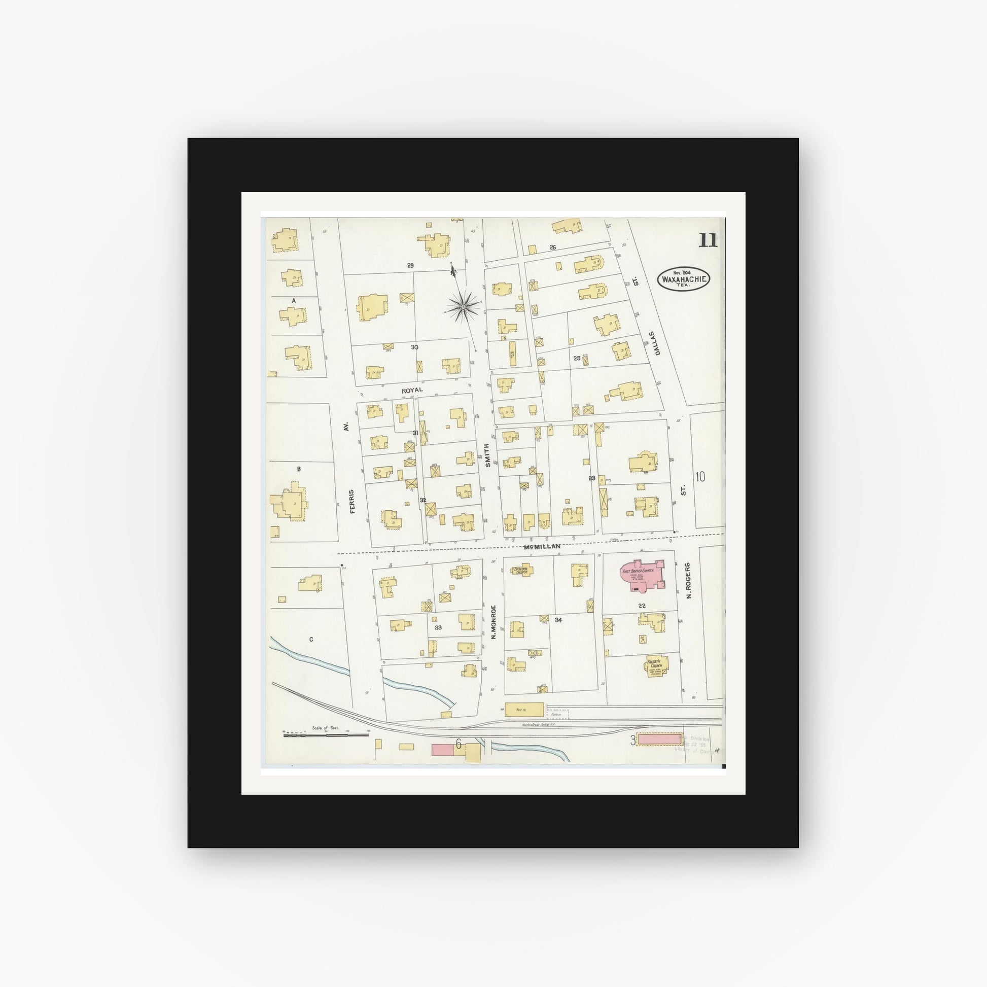 Old map wall art mockup — black gallery frame with white mat — Sanborn Fire Insurance Map from Waxahachie, Ellis County, Texas (1904), Sheet #0011