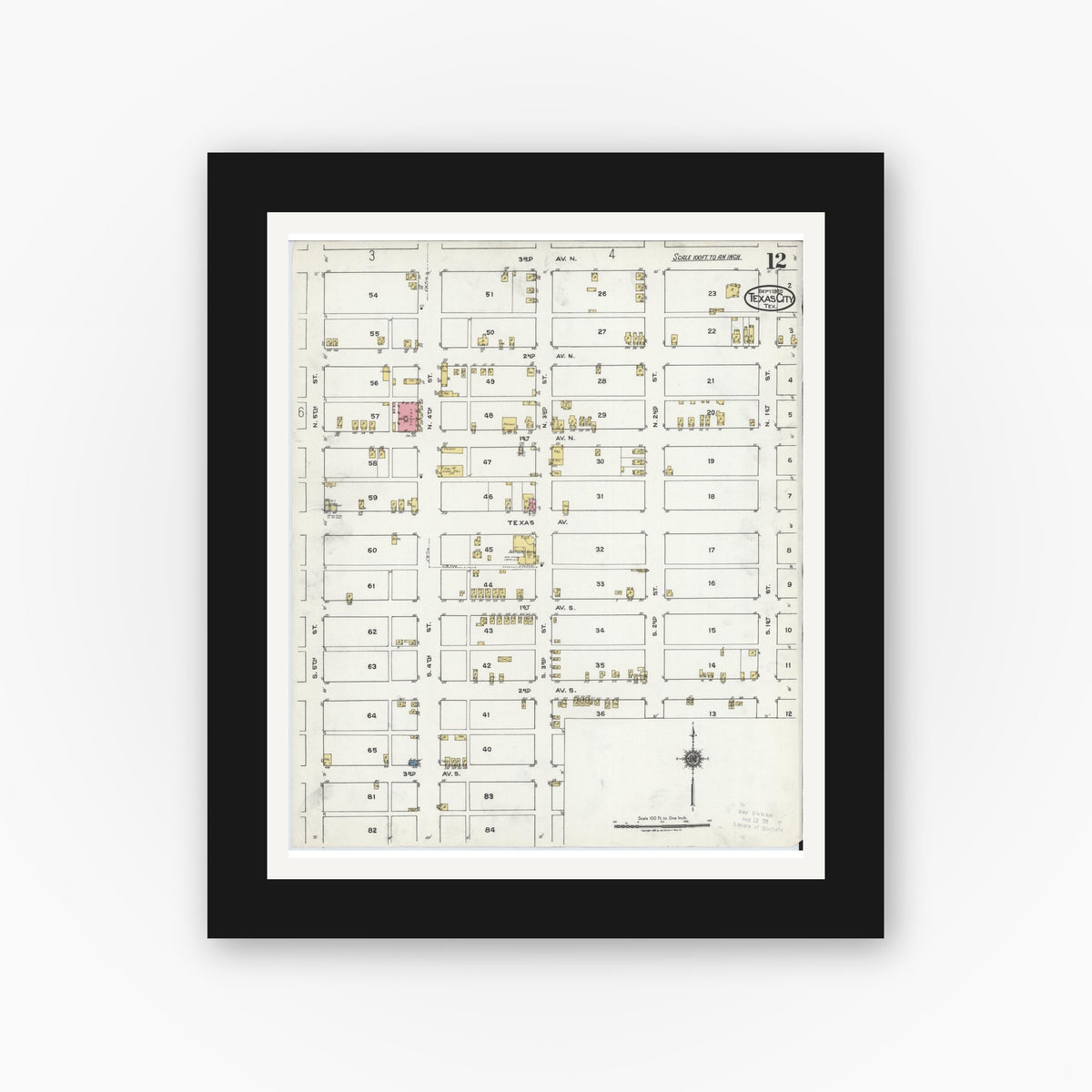 Old map wall art mockup — black gallery frame with white mat — Sanborn Fire Insurance Map from Texas City, Galveston County, Texas (1920), Sheet #0012