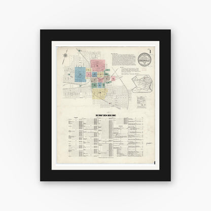 Old map wall art mockup — black gallery frame with white mat — Sanborn Fire Insurance Map from Greenville, Hunt County, Texas (1914), Sheet #0001
