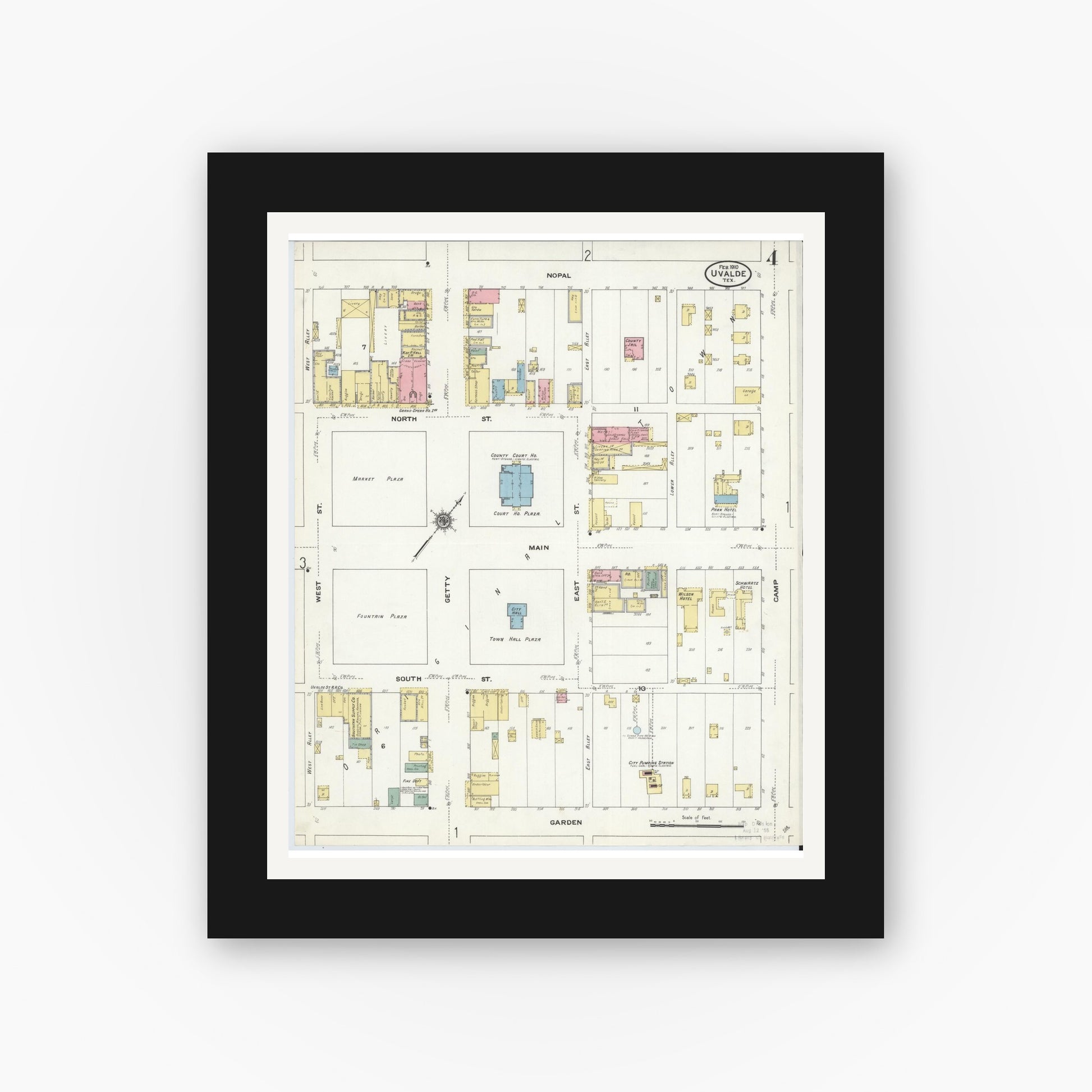 Old map wall art mockup — black gallery frame with white mat — Sanborn Fire Insurance Map from Uvalde, Uvalde County, Texas (1910), Sheet #0004