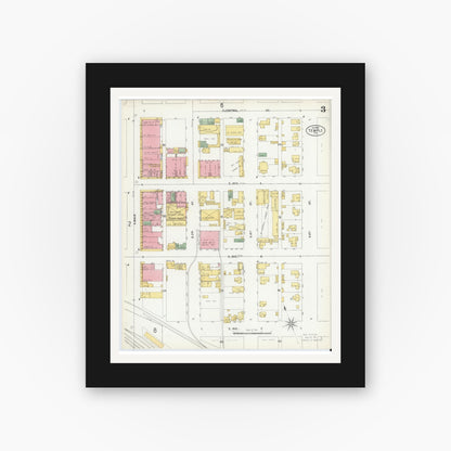 Old map wall art mockup — black gallery frame with white mat — Sanborn Fire Insurance Map from Temple, Bell County, Texas (1900), Sheet #0003