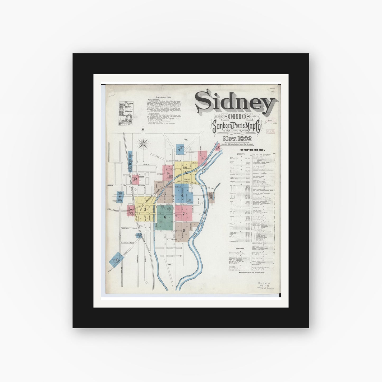 Old map wall art mockup — black gallery frame with white mat — Sanborn Fire Insurance Map from Sidney, Shelby County, Ohio (1892), Sheet #0001