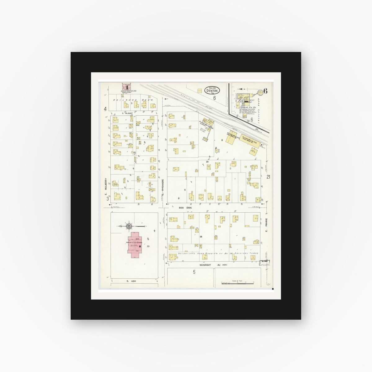 Old map wall art mockup — black gallery frame with white mat — Sanborn Fire Insurance Map from Denton, Denton County, Texas (1912), Sheet #0006