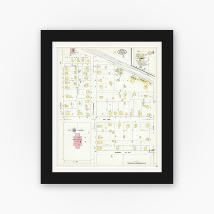 Old map wall art mockup — black gallery frame with white mat — Sanborn Fire Insurance Map from Denton, Denton County, Texas (1912), Sheet #0006