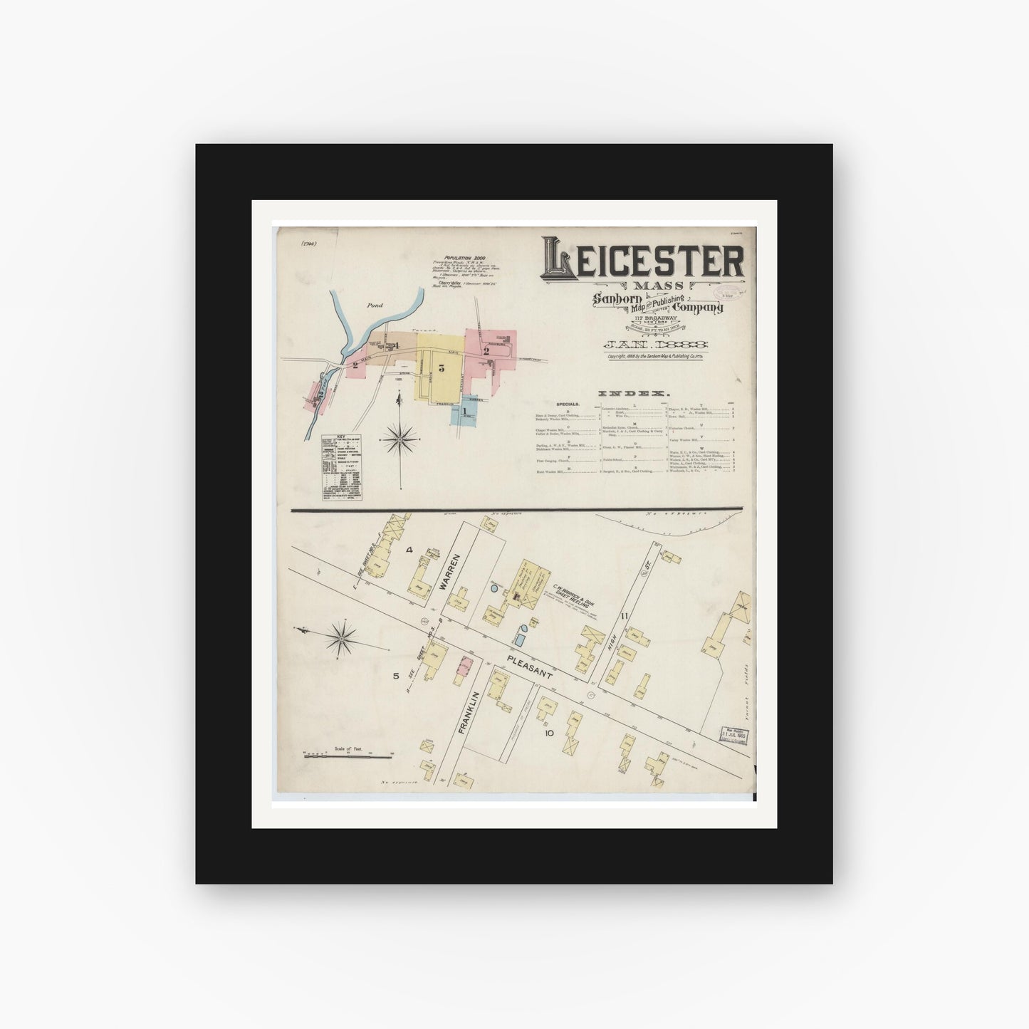 Old map wall art mockup — black gallery frame with white mat — Sanborn Fire Insurance Map from Leicester, Worcester County, Massachusetts (1888), Sheet #0001