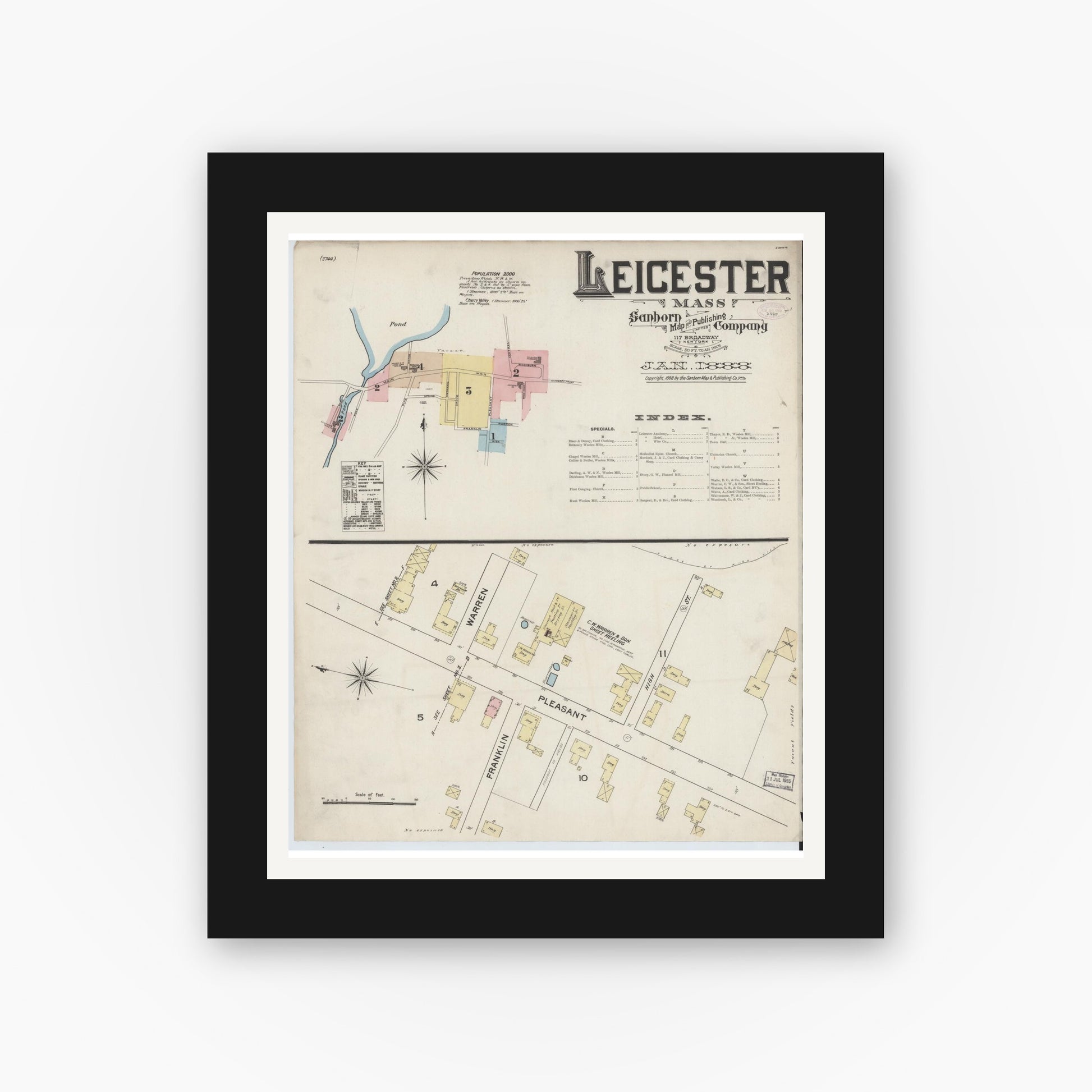 Old map wall art mockup — black gallery frame with white mat — Sanborn Fire Insurance Map from Leicester, Worcester County, Massachusetts (1888), Sheet #0001
