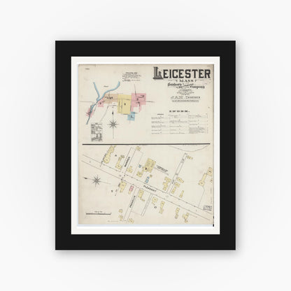 Old map wall art mockup — black gallery frame with white mat — Sanborn Fire Insurance Map from Leicester, Worcester County, Massachusetts (1888), Sheet #0001