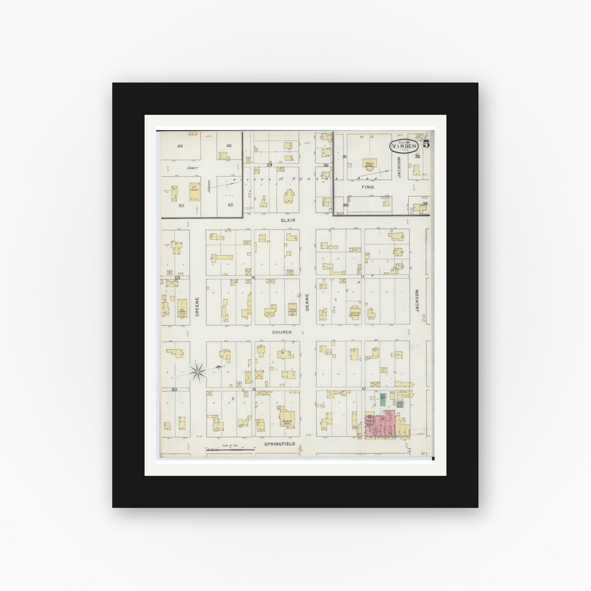 Old map wall art mockup — black gallery frame with white mat — Sanborn Fire Insurance Map from Virden, Macoupin County, Illinois (1894), Sheet #0005