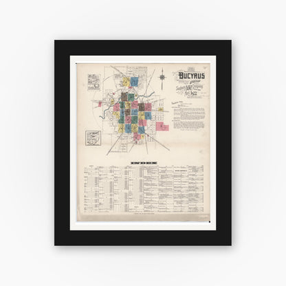 Old map wall art mockup — black gallery frame with white mat — Sanborn Fire Insurance Map from Bucyrus, Crawford County, Ohio (1922), Sheet #0001