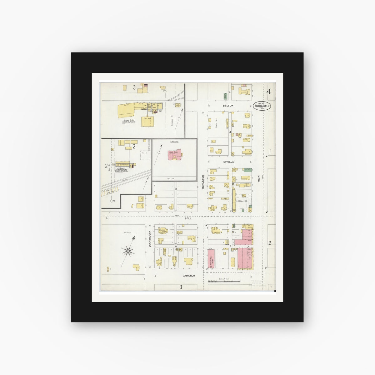 Old map wall art mockup — black gallery frame with white mat — Sanborn Fire Insurance Map from Rockdale, Milam County, Texas (1901), Sheet #0004