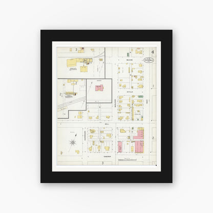Old map wall art mockup — black gallery frame with white mat — Sanborn Fire Insurance Map from Rockdale, Milam County, Texas (1901), Sheet #0004