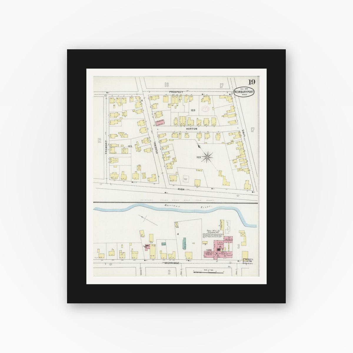 Old map wall art mockup — black gallery frame with white mat — Sanborn Fire Insurance Map from Newburyport, Essex County, Massachusetts (1894), Sheet #0019