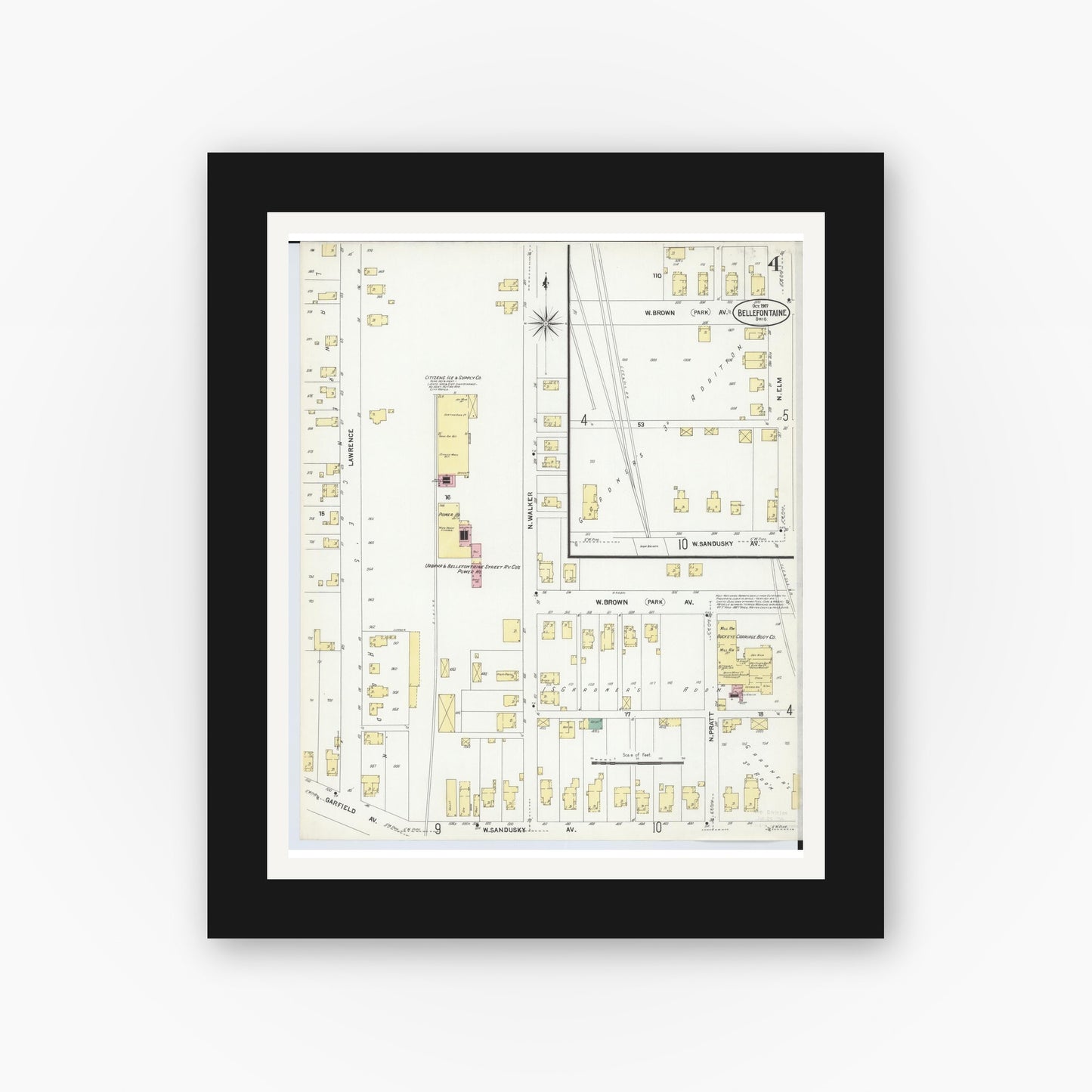 Old map wall art mockup — black gallery frame with white mat — Sanborn Fire Insurance Map from Bellefontaine, Logan County, Ohio (1907), Sheet #0004