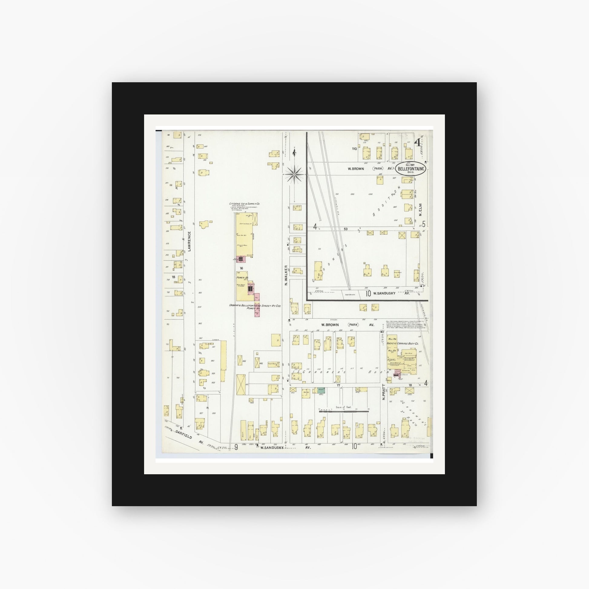 Old map wall art mockup — black gallery frame with white mat — Sanborn Fire Insurance Map from Bellefontaine, Logan County, Ohio (1907), Sheet #0004