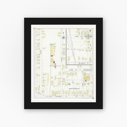 Old map wall art mockup — black gallery frame with white mat — Sanborn Fire Insurance Map from Bellefontaine, Logan County, Ohio (1907), Sheet #0004