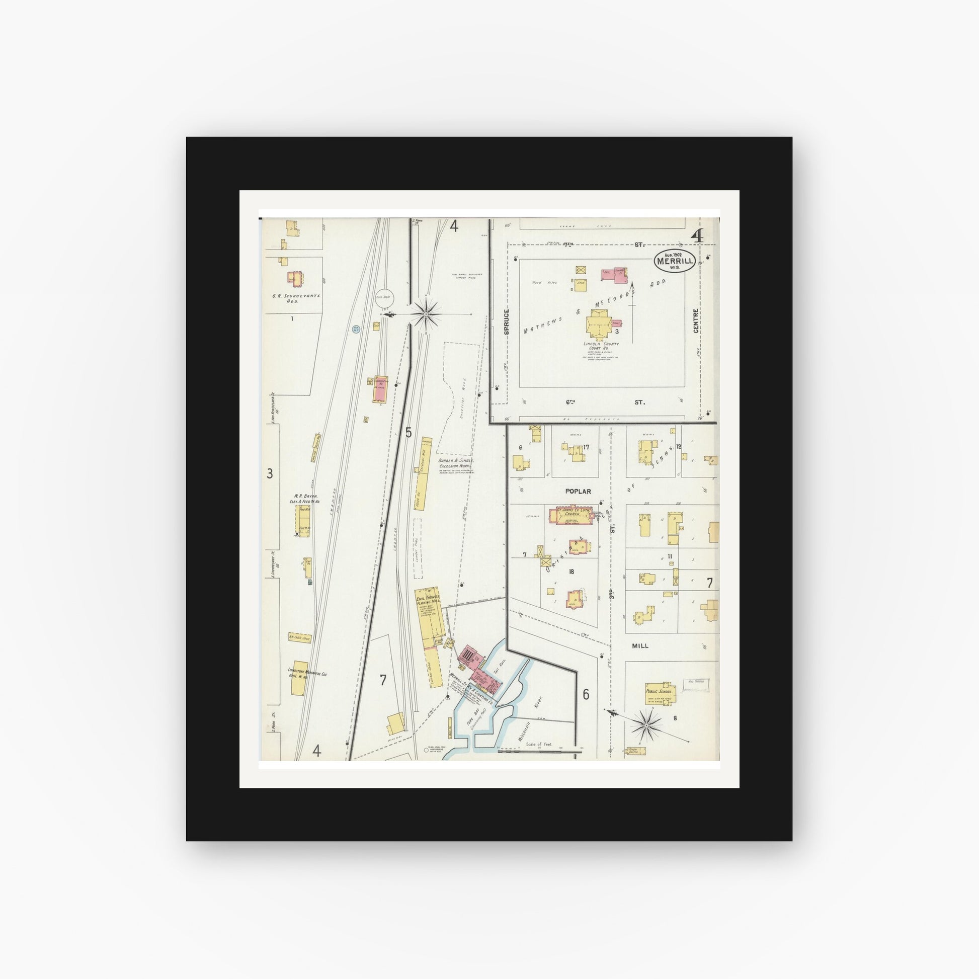 Old map wall art mockup — black gallery frame with white mat — Sanborn Fire Insurance Map from Merrill, Lincoln County, Wisconsin (1902), Sheet #0004