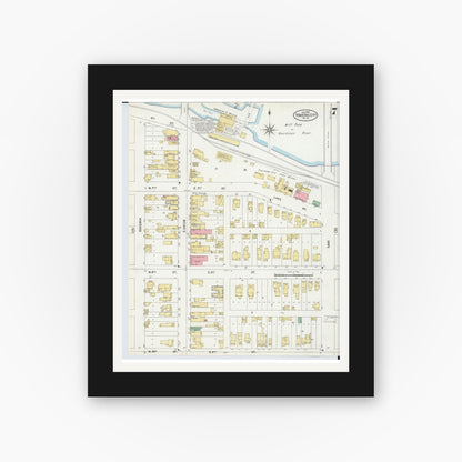 Old map wall art mockup — black gallery frame with white mat — Sanborn Fire Insurance Map from Traverse City, Grand Traverse County, Michigan (1899), Sheet #0007