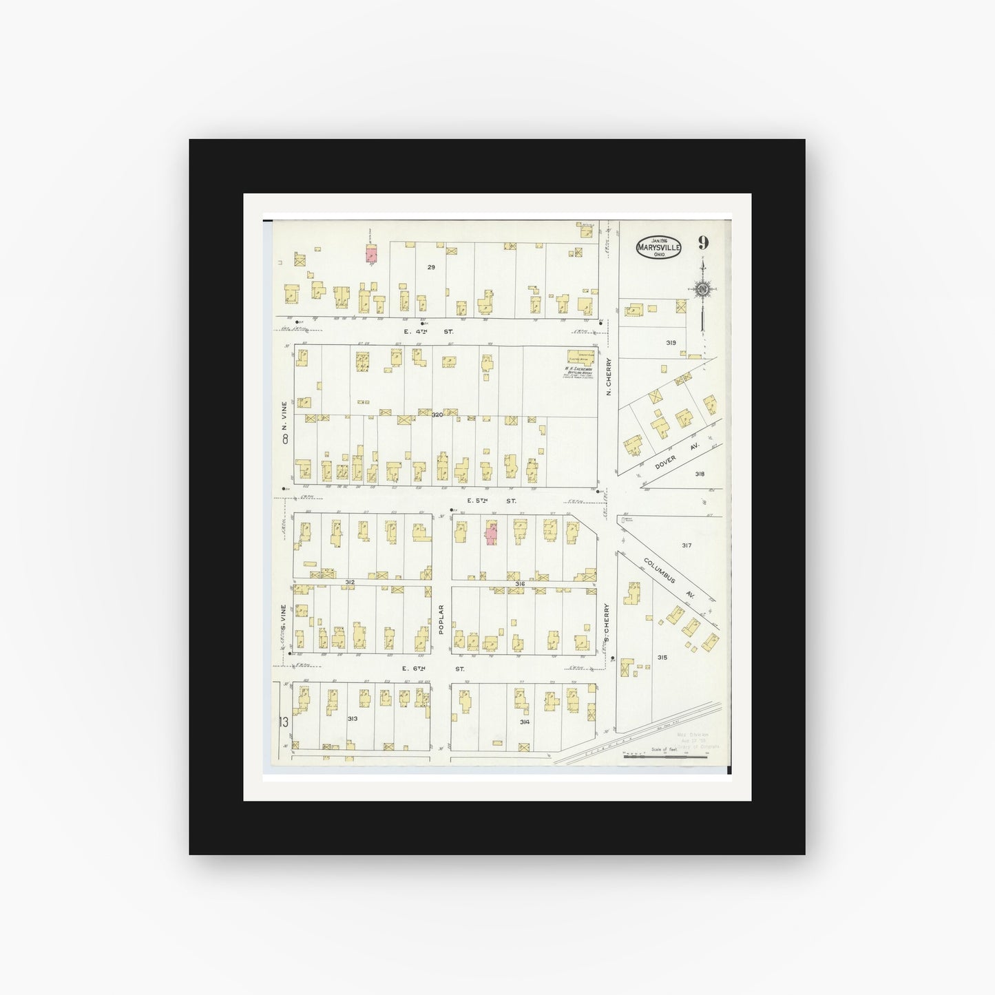 Old map wall art mockup — black gallery frame with white mat — Sanborn Fire Insurance Map from Marysville, Union County, Ohio (1916), Sheet #0009