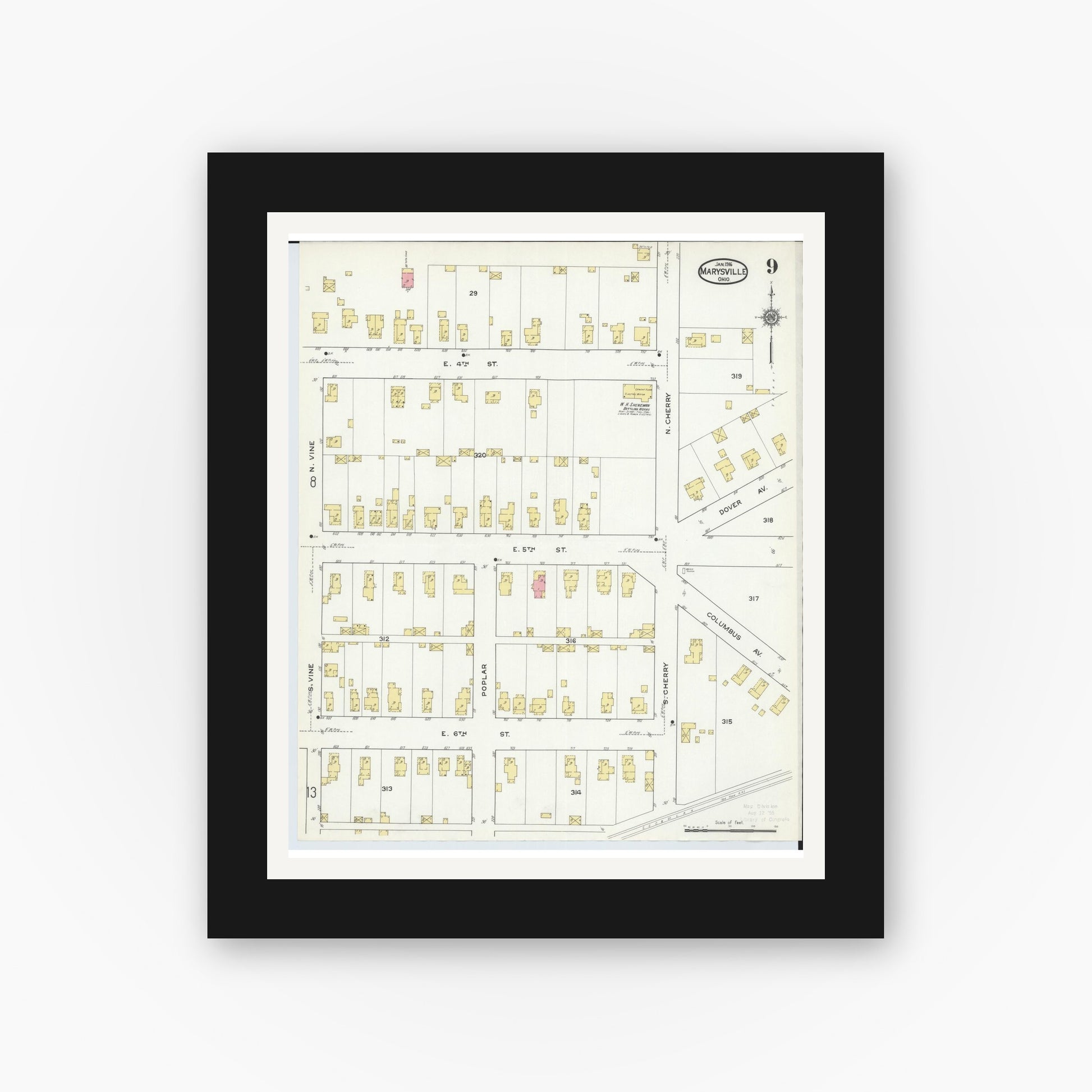 Old map wall art mockup — black gallery frame with white mat — Sanborn Fire Insurance Map from Marysville, Union County, Ohio (1916), Sheet #0009