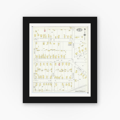 Old map wall art mockup — black gallery frame with white mat — Sanborn Fire Insurance Map from Marysville, Union County, Ohio (1916), Sheet #0009