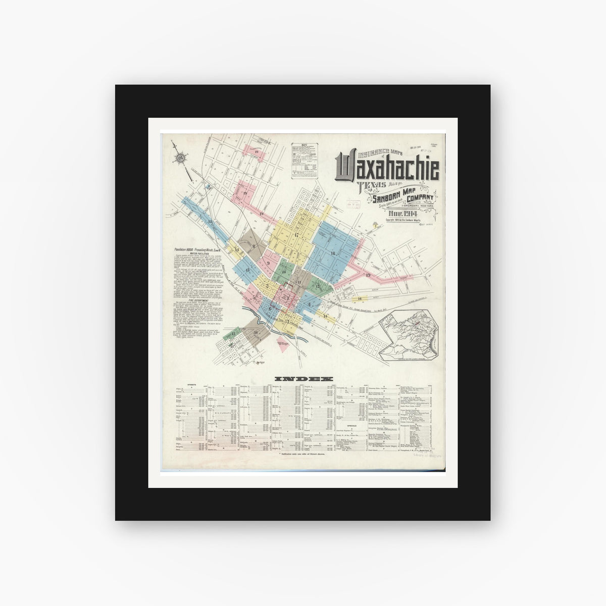 Old map wall art mockup — black gallery frame with white mat — Sanborn Fire Insurance Map from Waxahachie, Ellis County, Texas (1914) - Complete Map Set
