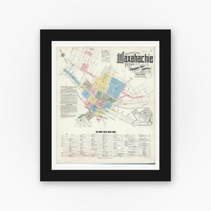 Old map wall art mockup — black gallery frame with white mat — Sanborn Fire Insurance Map from Waxahachie, Ellis County, Texas (1914) - Complete Map Set