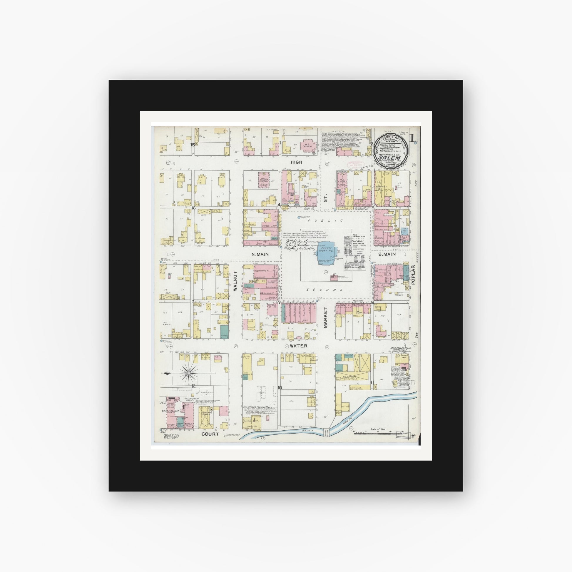 Old map wall art mockup — black gallery frame with white mat — Sanborn Fire Insurance Map from Salem, Washington County, Indiana (1892) - Complete Map Set
