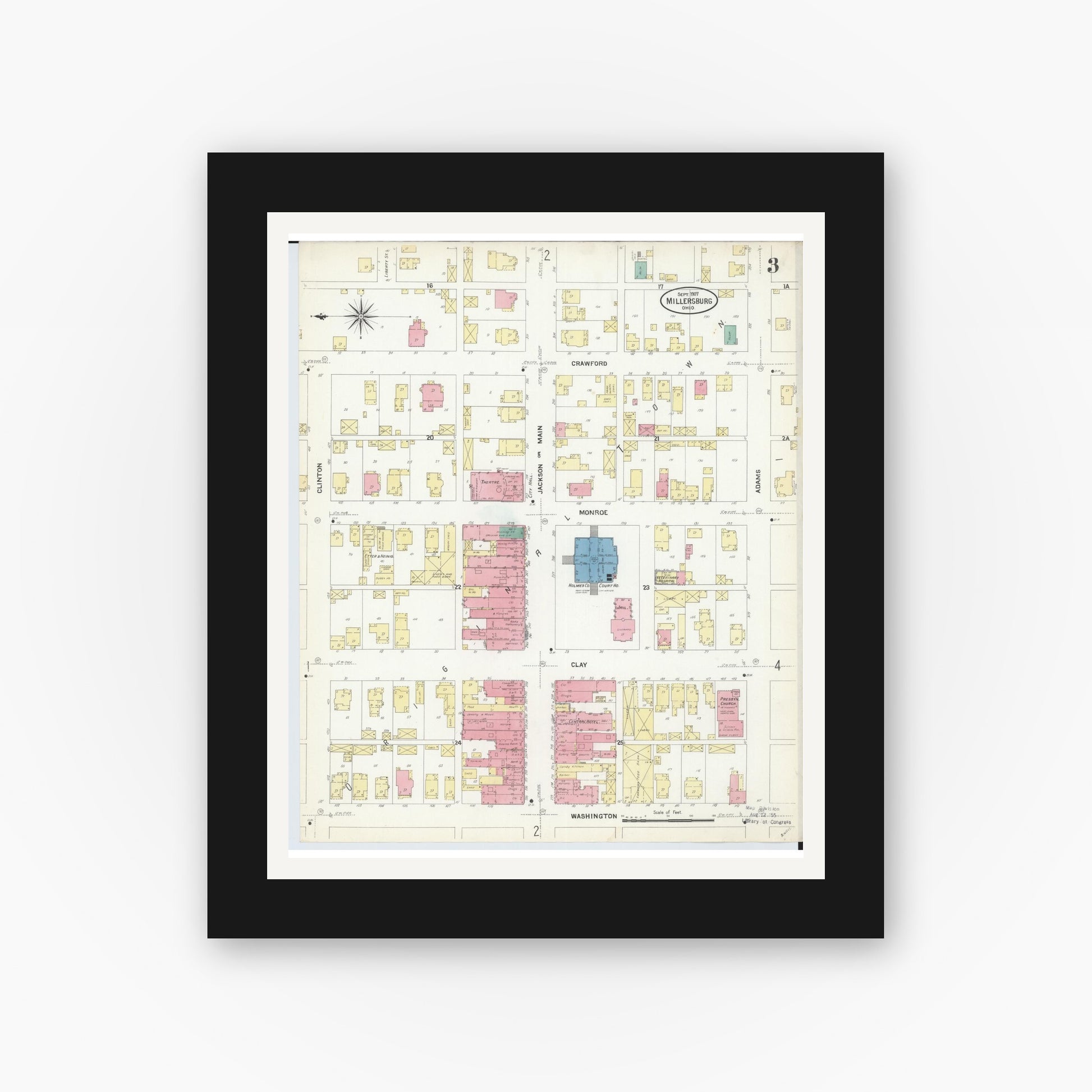 Old map wall art mockup — black gallery frame with white mat — Sanborn Fire Insurance Map from Millersburg, Holmes County, Ohio (1907), Sheet #0003