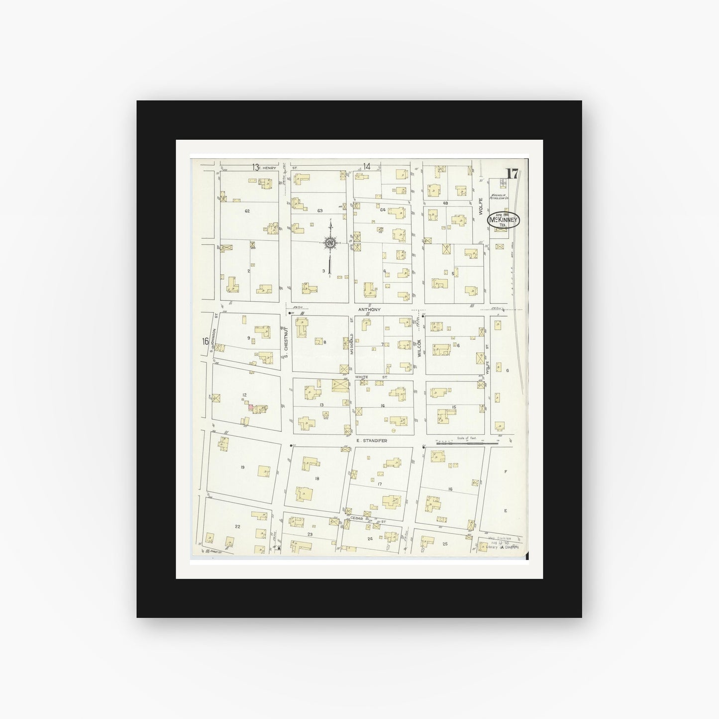 Old map wall art mockup — black gallery frame with white mat — Sanborn Fire Insurance Map from McKinney, Collin County, Texas (1914), Sheet #0017