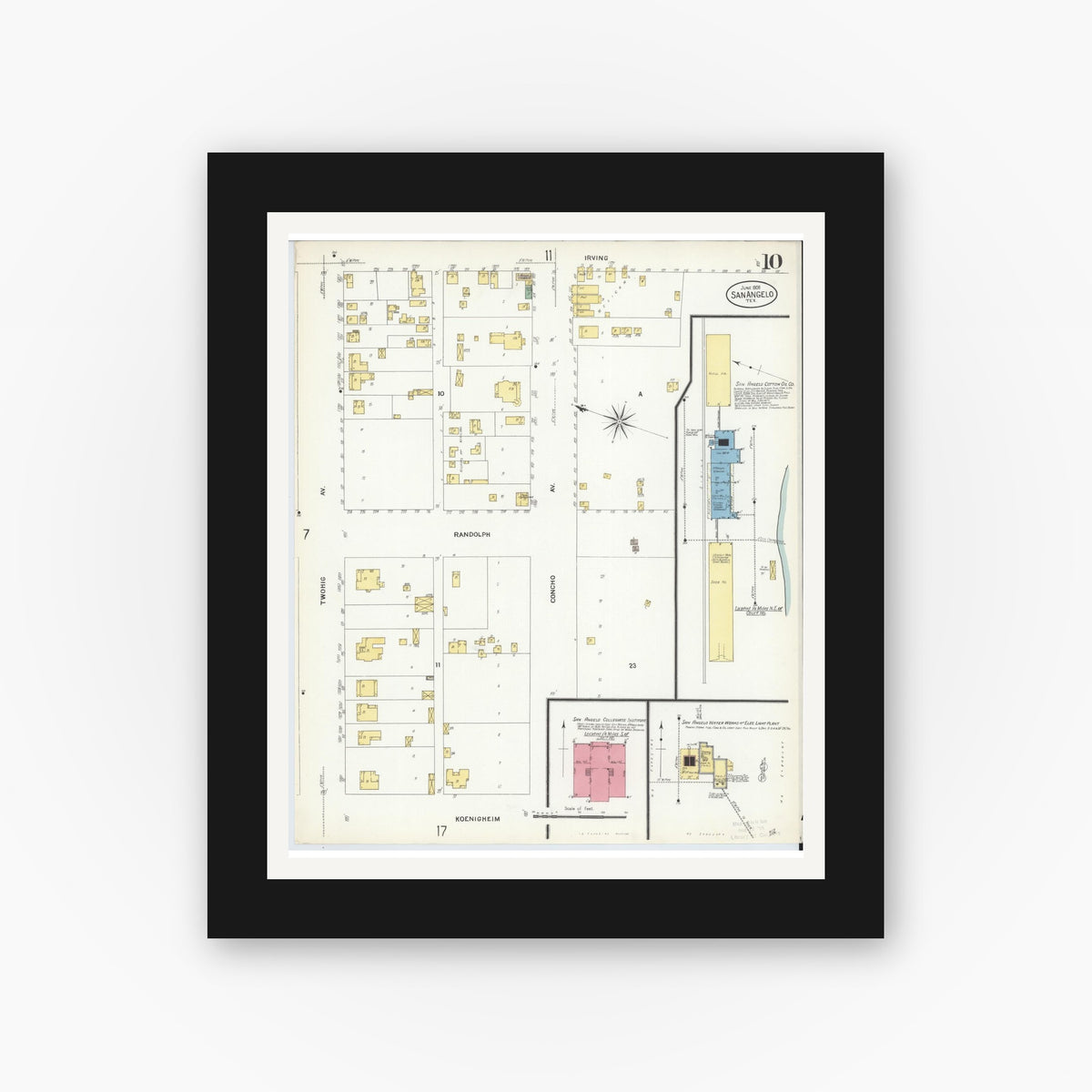 Old map wall art mockup — black gallery frame with white mat — Sanborn Fire Insurance Map from San Angelo, Tom Green County, Texas (1908), Sheet #0010