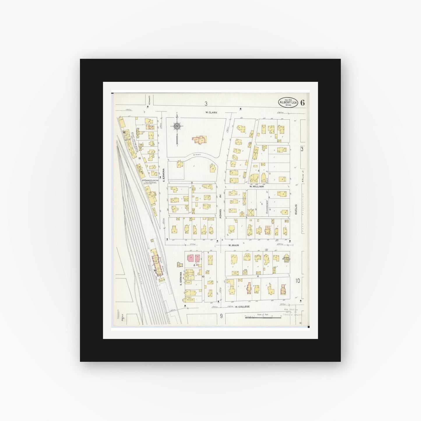 Old map wall art mockup — black gallery frame with white mat — Sanborn Fire Insurance Map from Albert Lea, Freeborn County, Minnesota (1910), Sheet #0006